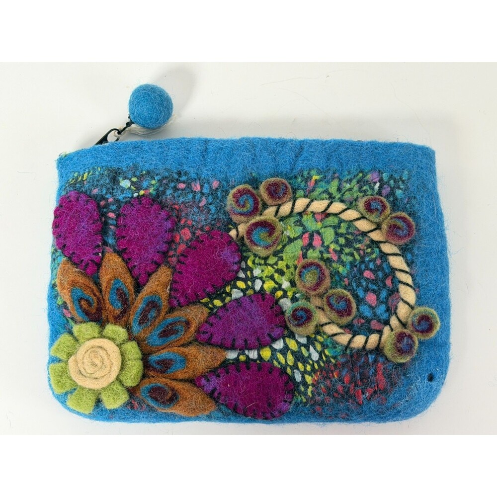 Rising Tide Clutch Purse Peacock Blue Purple Felted Wool Bag Zip 8x6 Floral
